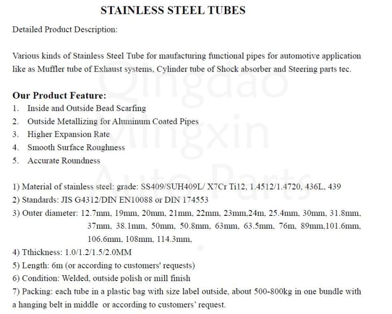 ERW Stainless Steel Welded Pipe Tube 45X1.0/1.5mm 45X2.0mm ASTM A268 Used for Catalytic Converter