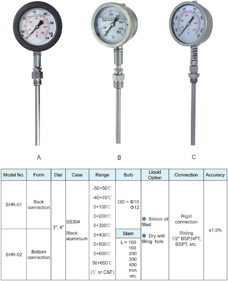 Rigid Dial Thermometer, Diesel Exhaust Thermometer, Pyrometer, Silicon Oil Filled
