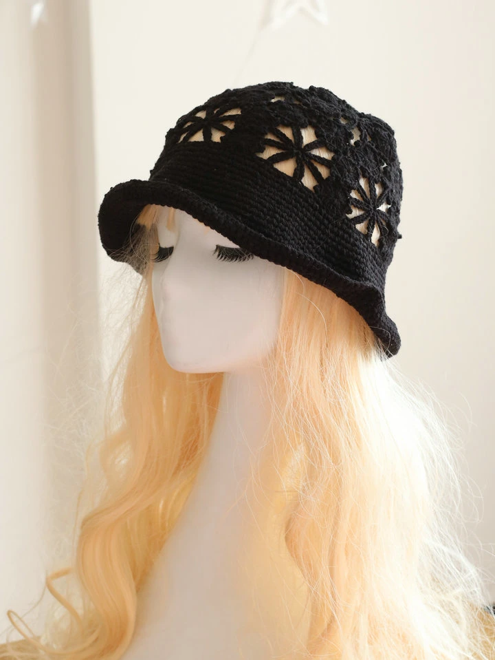 Lace Hollow Crochet Retro Curled Knitted Fisherman's Pot Hat Women