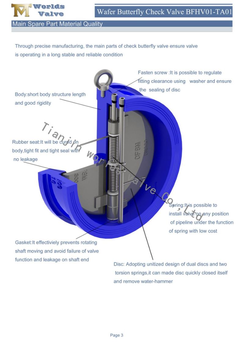 6 Inches CF8 Ss Disc Wafer Butterfly Check Valves with Fluoro Rubber Seal