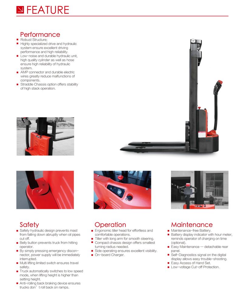 High Quality Battery Charger Inclusive 1500kg Wide Legs Electric Straddle Stacker with Adjustable Forks