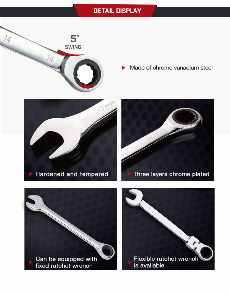 7PCS Professional Chrome Vanadium Steel Ratchet Wrench Set