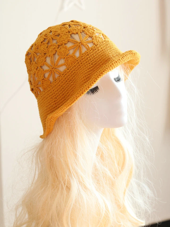 Lace Hollow Crochet Retro Curled Knitted Fisherman's Pot Hat Women