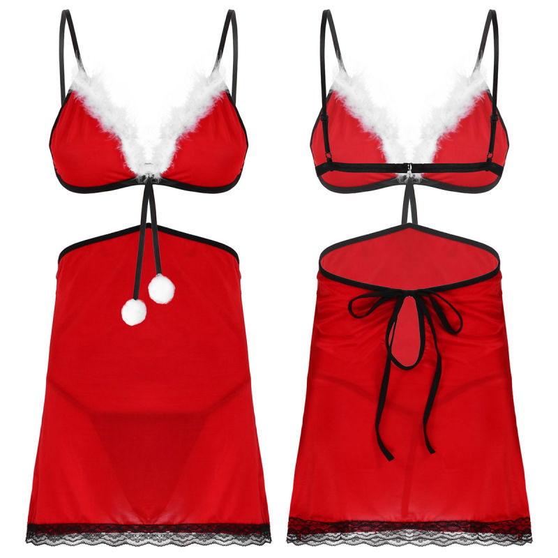 Adjustable Spaghetti Strap Bra G-String Briefs Ladies Christmas Lingerie Set