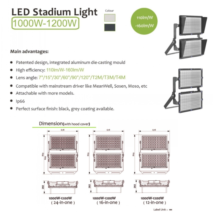 Patented IP66 Stadium Light Modular Adjustable 1200W LED Flood Lamp