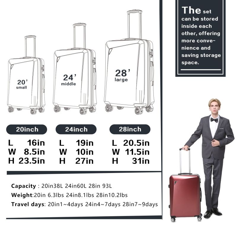 Push-Button Locking Luggage 3 Piece Sets PC+ABS Spinner Suitcase with Adjustable Telescoping
