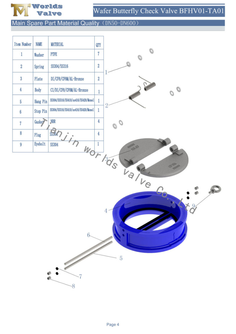 6 Inches CF8 Ss Disc Wafer Butterfly Check Valves with Fluoro Rubber Seal