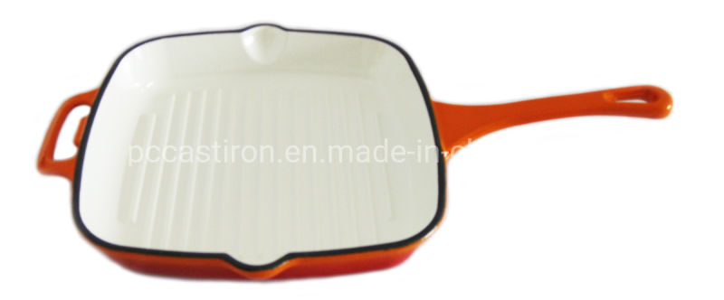 Orange Enamel Cast Iron Griddle Pan for Steak 10'' 26cm