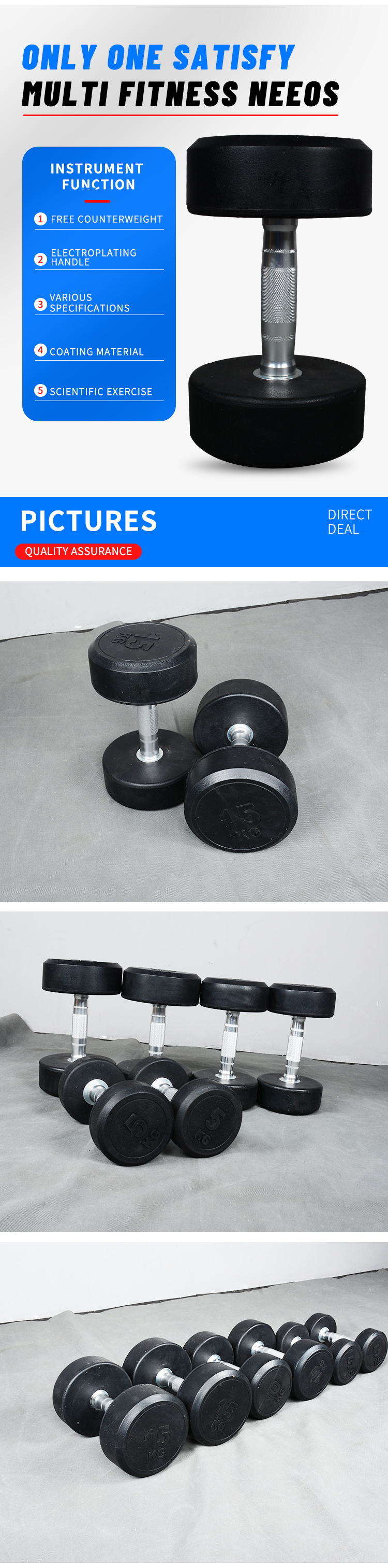 Equipment Free Weight Black Rubber Weight Dumbbell /Rubber Dumbbell