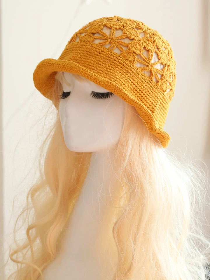 Lace Hollow Crochet Retro Curled Knitted Fisherman's Pot Hat Women