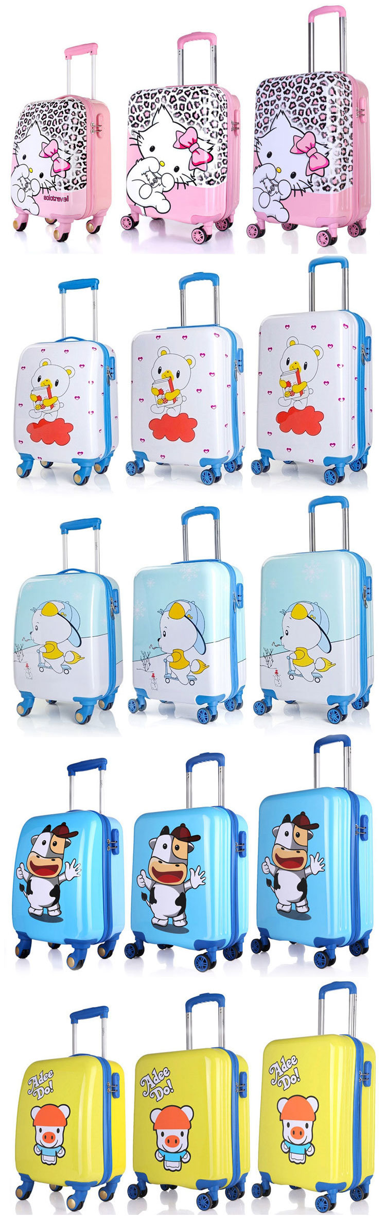 3PCS Kids Travel Trolley Luggage Bag Cartoon Suitcase Sets