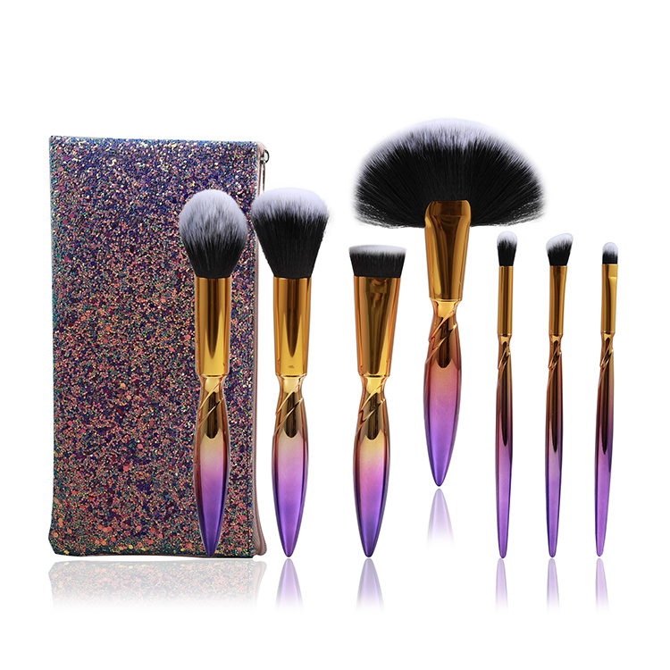 Electroplated Plastic Handle Synthetic Makeup Brush Set with Glitter Pouch