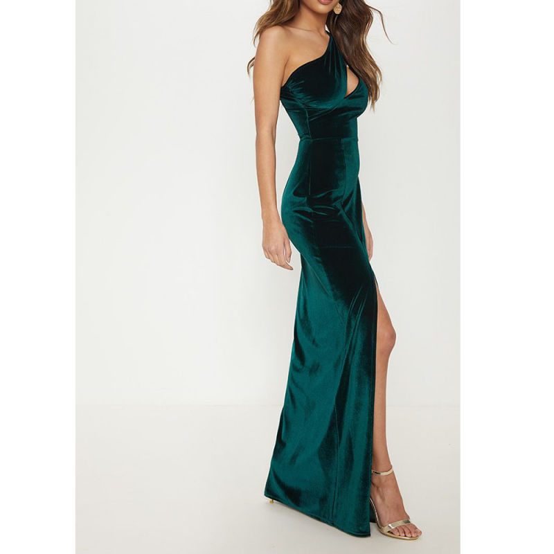 2021 Summer Sexy Emerald Green Velvet One Shoulder Split Leg Maxi Dress Women Evening Dress