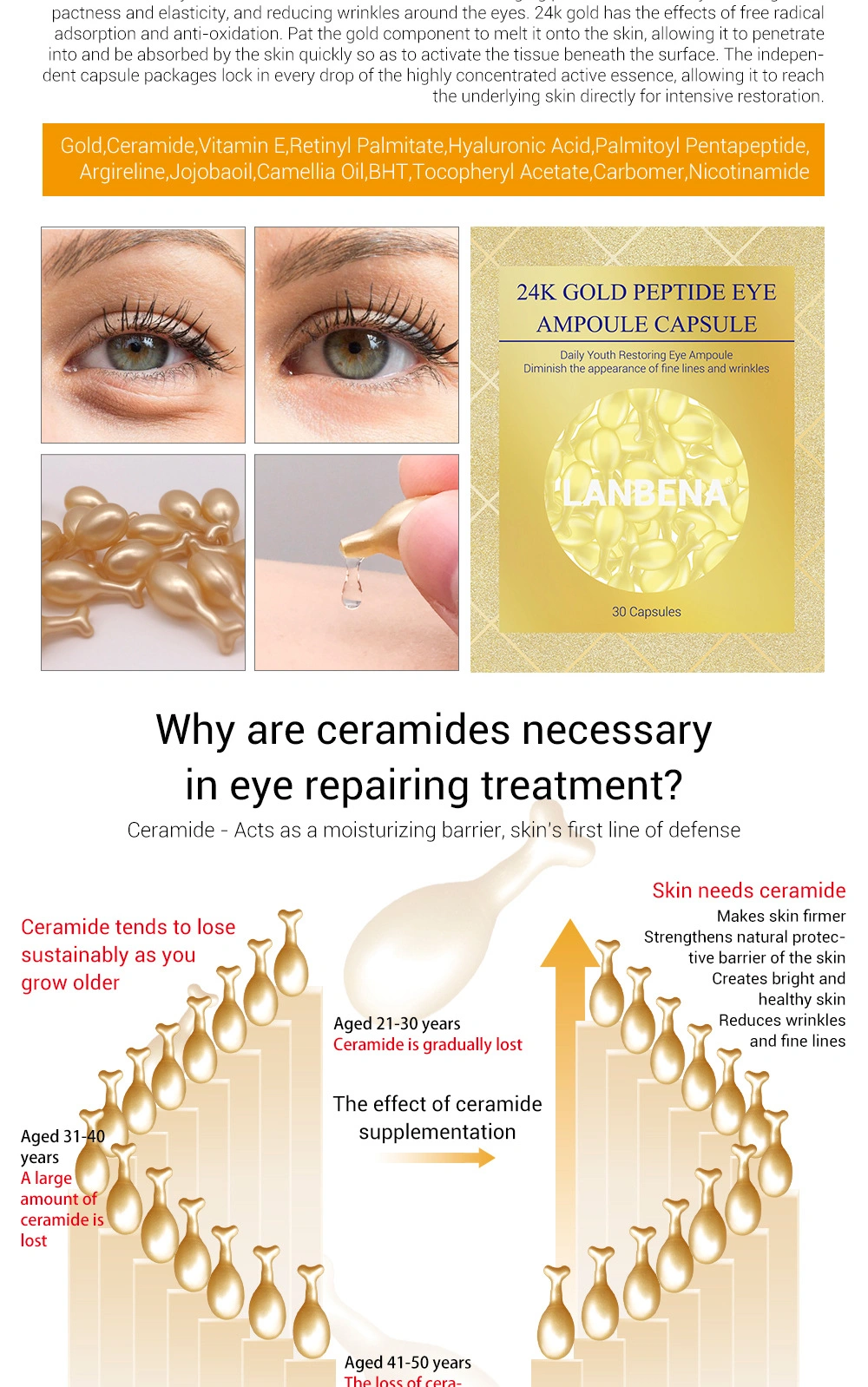 24K Gold Peptide Eye Ampoule Capsule Anti-Wrinkle Fine Line Black Eye Essence Moisturizing Eye Cream 30PCS