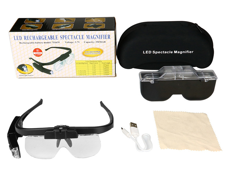 Eyeglasses Magnifier with LED Light Rechargeable Battery Spectacle Magnifying Glass with 3 Lenses