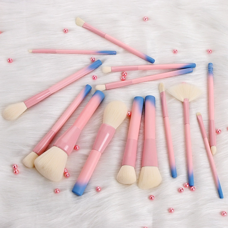 14PCS Pink Blue Gradient Synthetic Foundation Powder Concealer Eye Shadows Makeup Brush Set