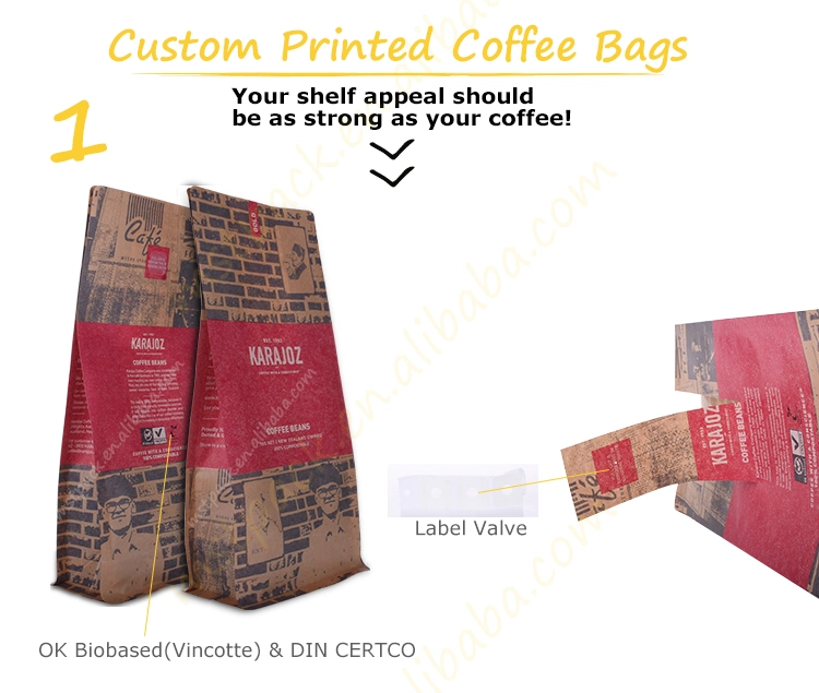 Compostable Custom Logo Square Bottom Flat Bottom Pouch with Zip Lock for Coffee Bag/Tea Bag 