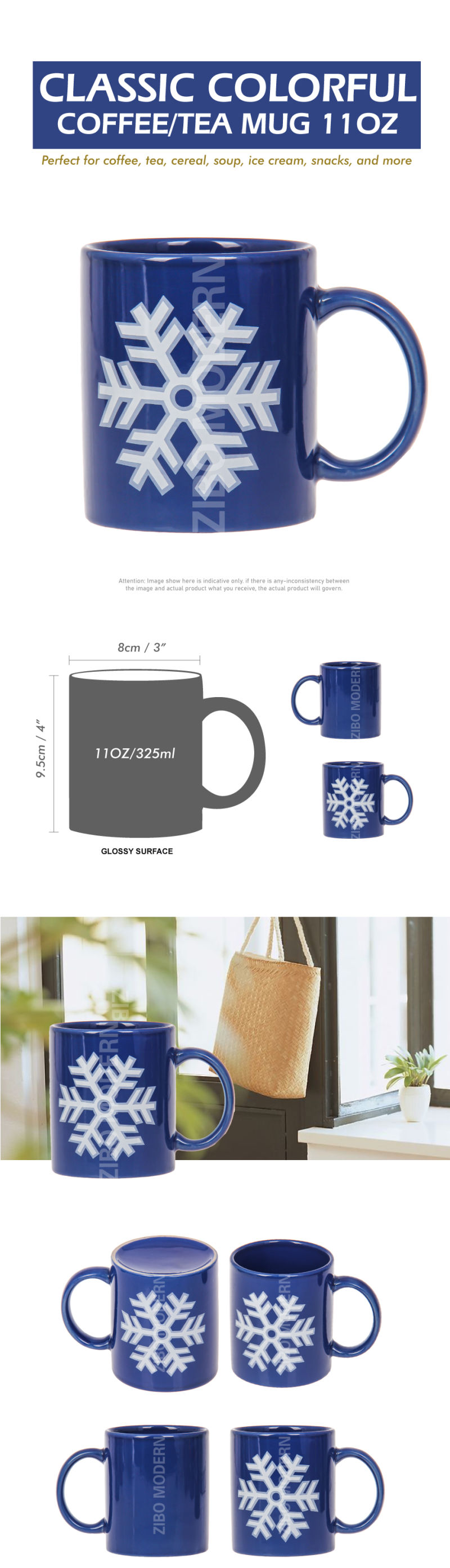 11 Oz Snowflake Ceramic Coffee / Tea Mug - Ceramic Mug - Porcelain Mugs