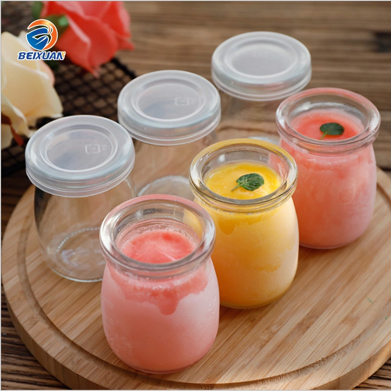 Portable 100ml Flat Clear Thick Bottom Yogurt Glass Cup with Pet Caps