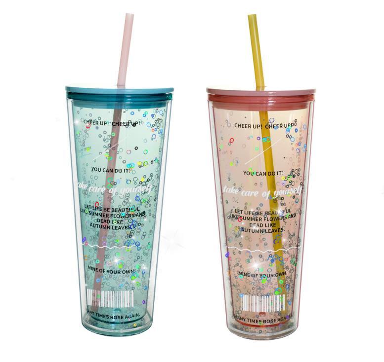 300ml Double Plastic Drinking Cup with Straw Student's Creative Cup