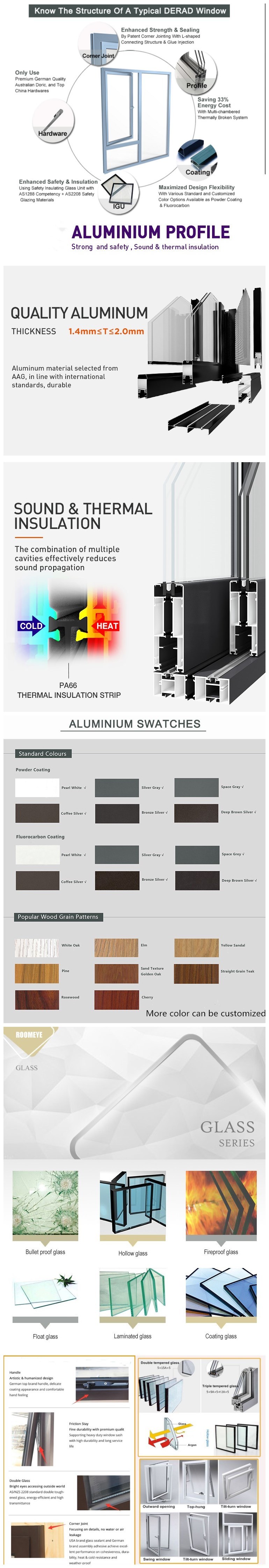 Thermal Break Heat Insulation PVDF Aluminum Casement Window for House