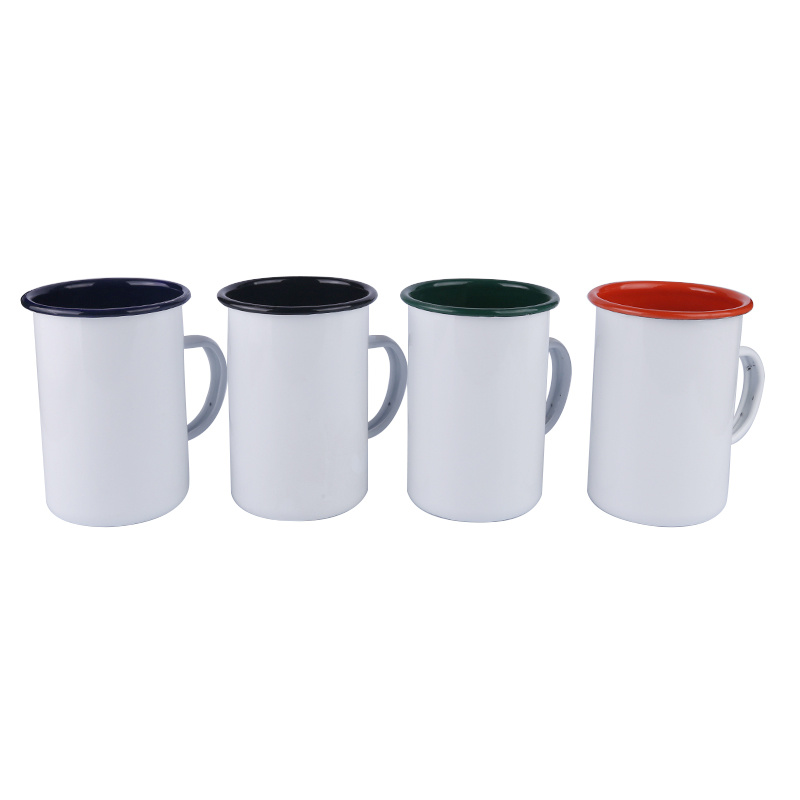 Christmas Coffee Mug Customize White Enamel Coffee Mug Cup with Stainless Steel Rim