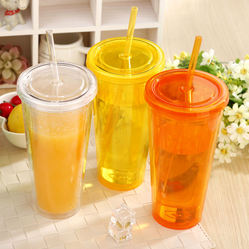 Double Walls Plastic Tumbler Promotional Mug Insulated Acrylic Tumbler with Straw