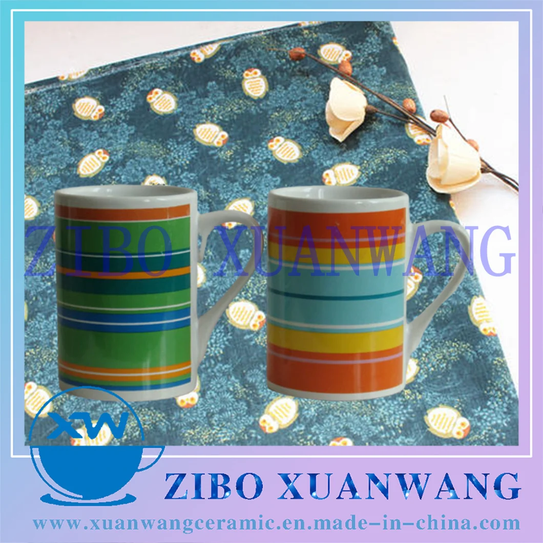 Tall Straight Shape Ceramic Mug with Colorful Full Lines Design Ceramic Cup for Gift and Promotion
