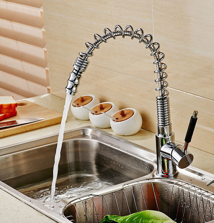 Pullable Spring Universal Revolve All-Copper Hot/Cold Water Kitchen Faucet