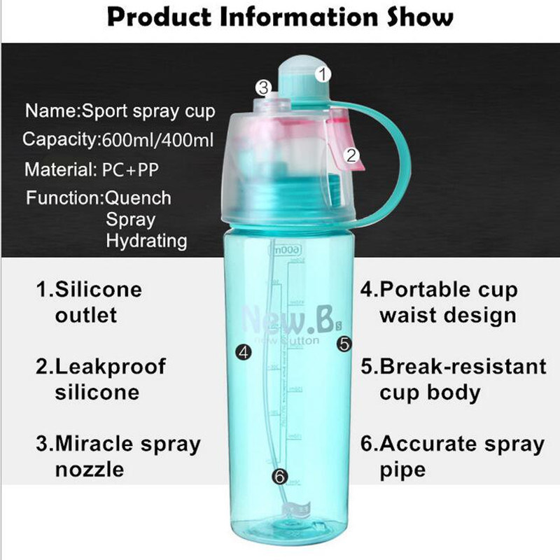 400ml 600ml Creative Outdoor Sports Bottle Hydrating Beauty Spray Water Plastic Hand Cup Spray Cup Cooling Water Bottle