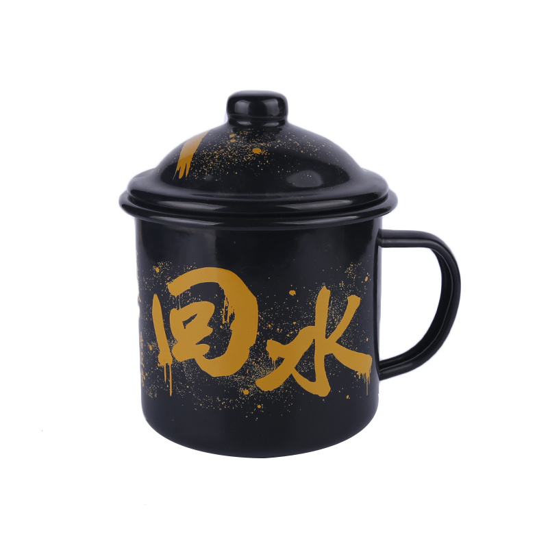 Customized Design Glazed Enameled Coffee Mug/Enamel Cup with Cover