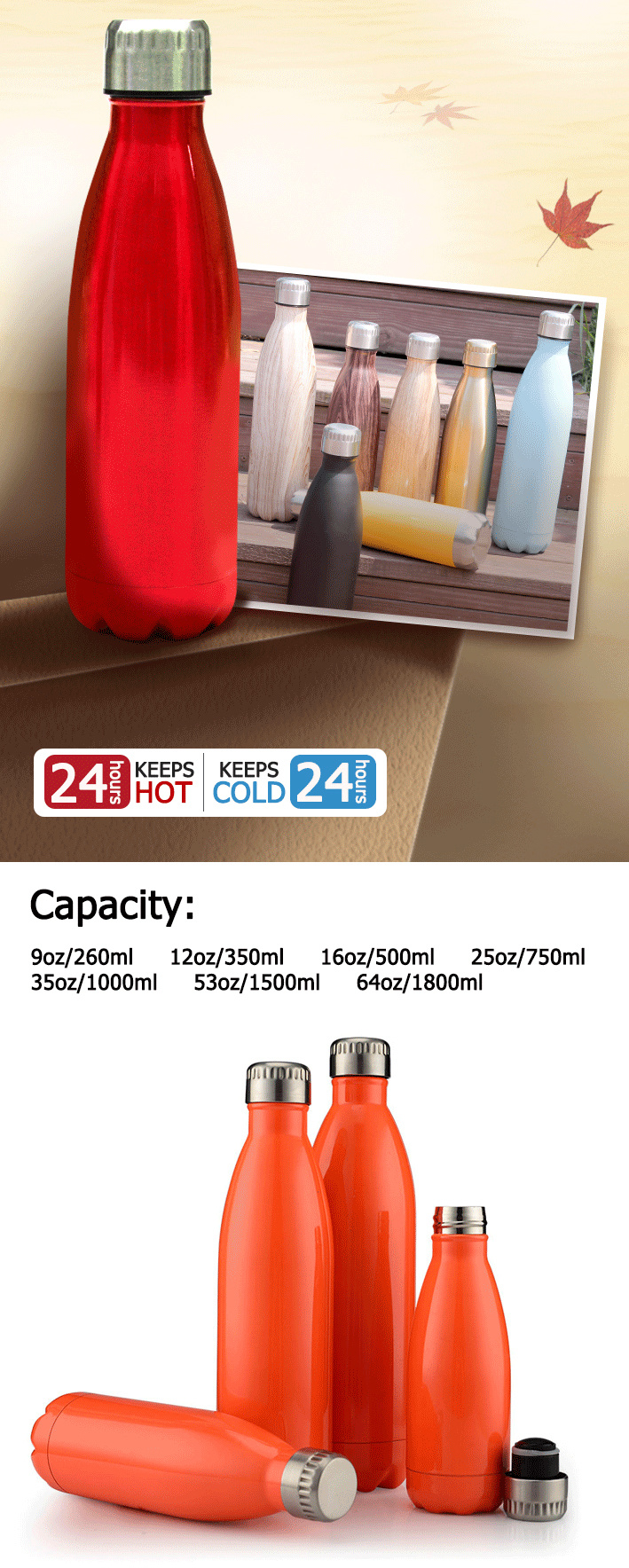 Leak-Proof Double Walled Vacuum Insulated 18/8 Stainless Steel Cola Shape Sports Water Bottle