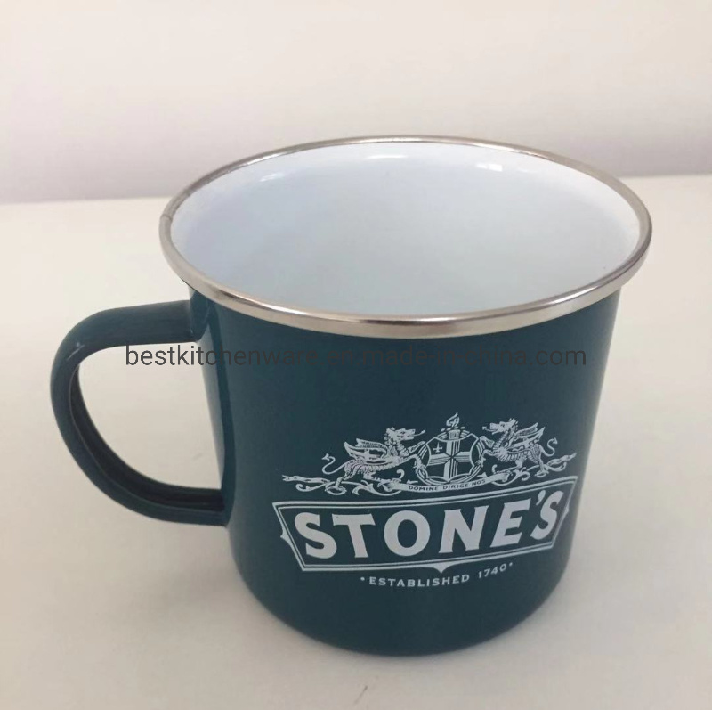 Customized White Enamel Mug with Stainless Steel Rim with Logo