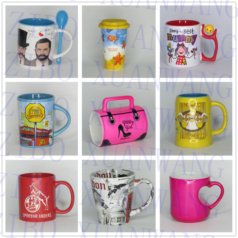 3D Handle Ceramic Mug with Hand Printed Printing Ceramic Cup