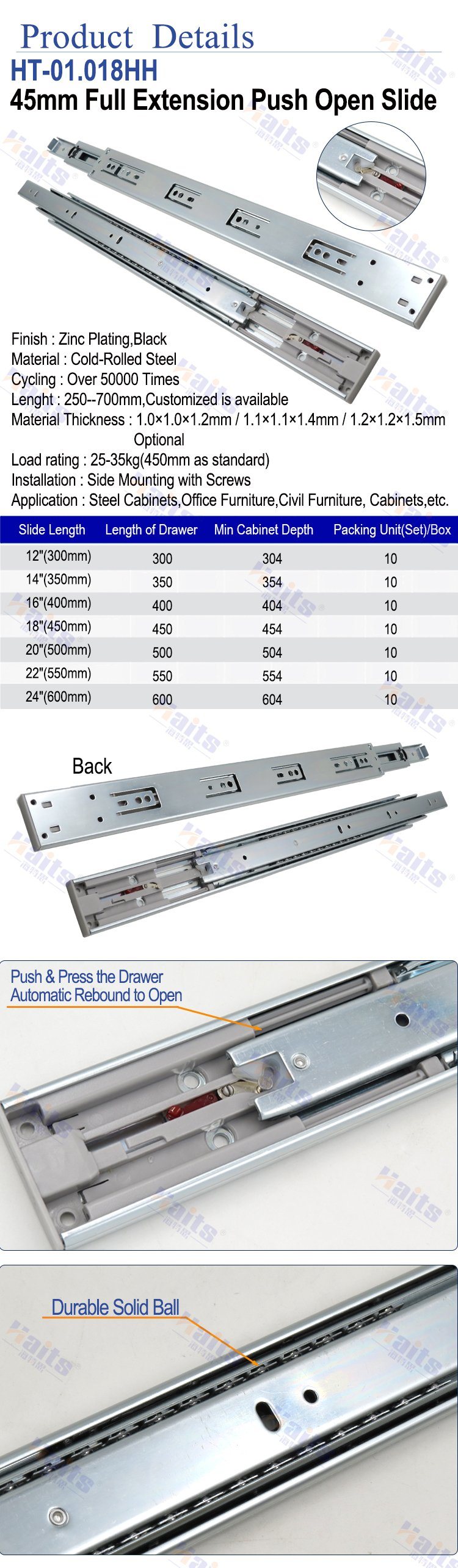 Drawer Slide 45mm Push to Open Telescopic Channel