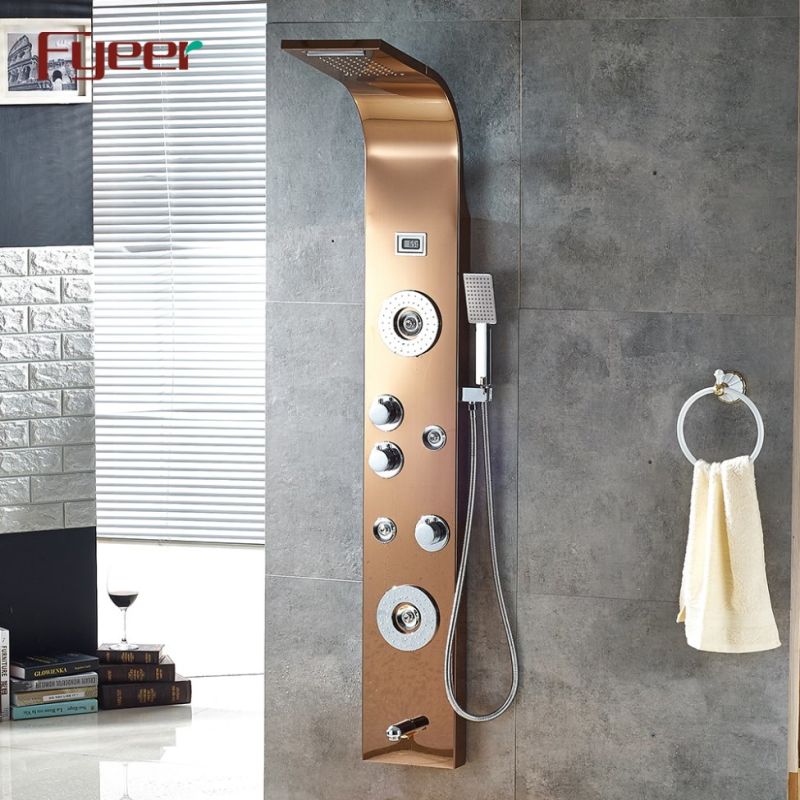 Fyeer Modern Rose Gold Wall Column Stainless Steel Massage Shower Panel with Temperature Display
