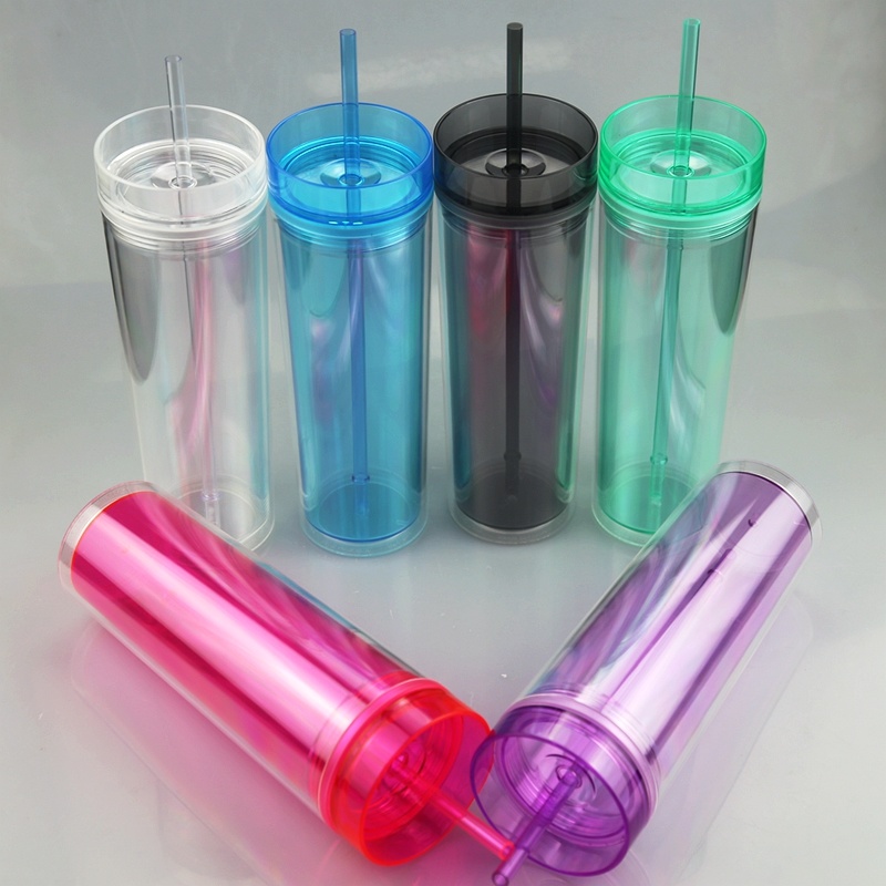 Double Wall Insulated Matte Plastic Water Cup 16oz Skinny Acrylic Tumbler with Straw