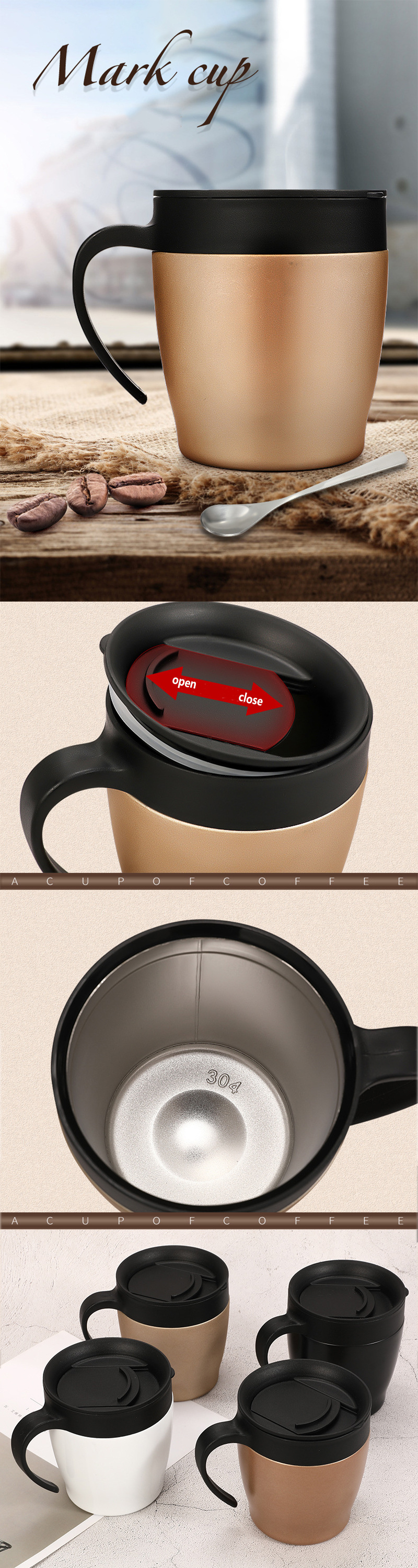 Double Walled Stainless Steel Vacuum Insulated Mugs with Logo Printed Thermos Coffee Mug with Handle