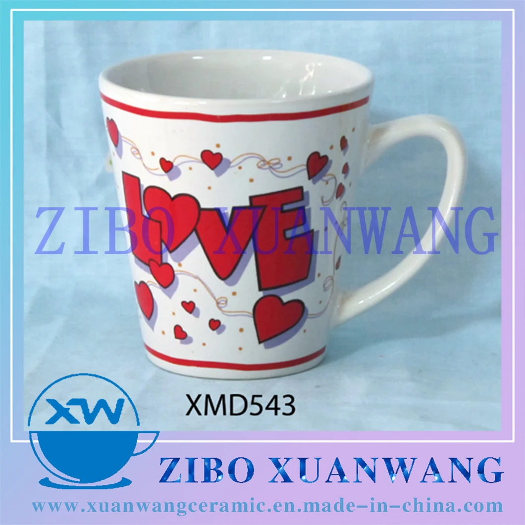 12oz 360ml V Shape Ceramic Mug with Love Design for Gift Market Gift Mug
