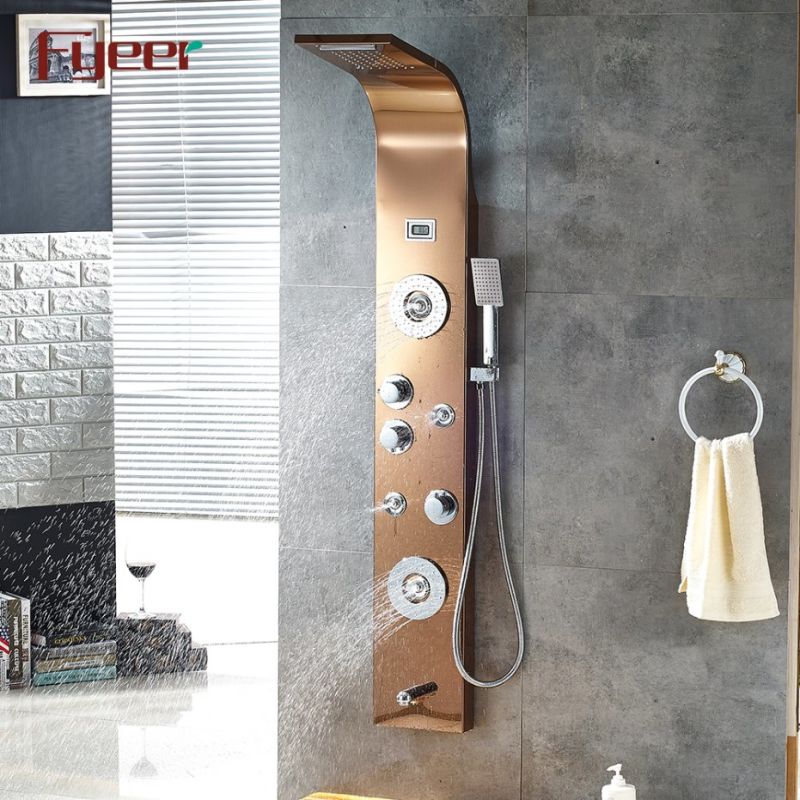 Fyeer Modern Rose Gold Wall Column Stainless Steel Massage Shower Panel with Temperature Display