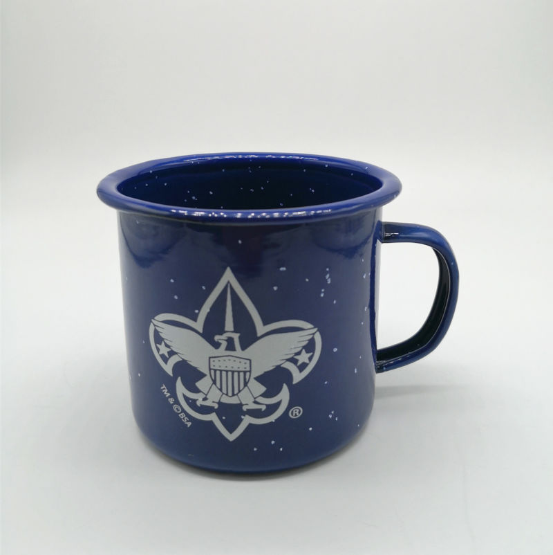 12oz Blue Color Enamel Camping Mugs with Stainless Steel Rim