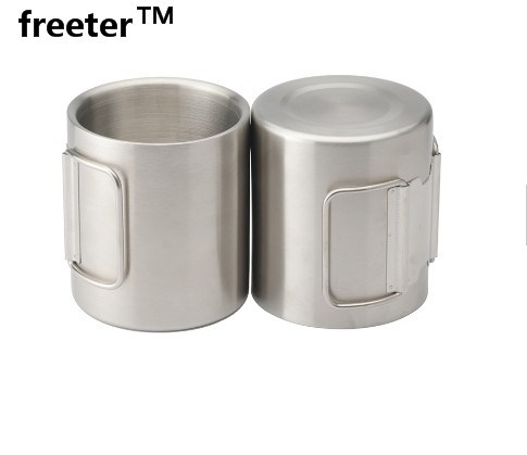 300ml Stainless Steel Double Steel Mug with Folding Hook Handle Cup