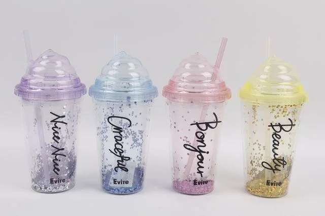 450ml Double Layer Straw   Ice Cup Freezer Cup with Ice Cream Lid and Letters Print