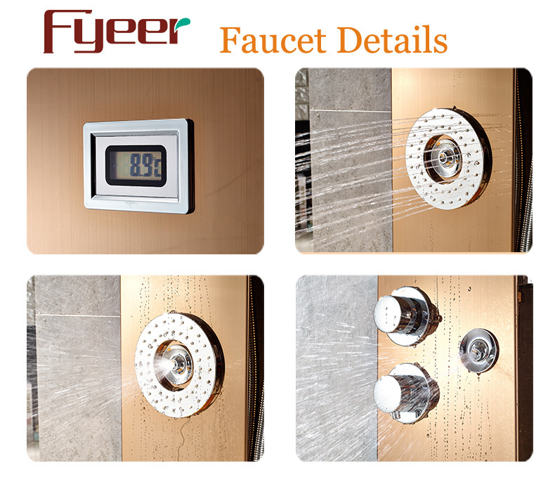 Fyeer Modern Rose Gold Wall Column Stainless Steel Massage Shower Panel with Temperature Display