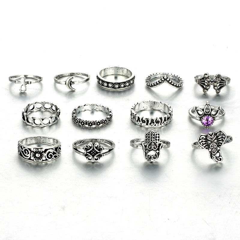 Retro 13PCS Elephant Moon Flower Knuckle Ring Set for Girls