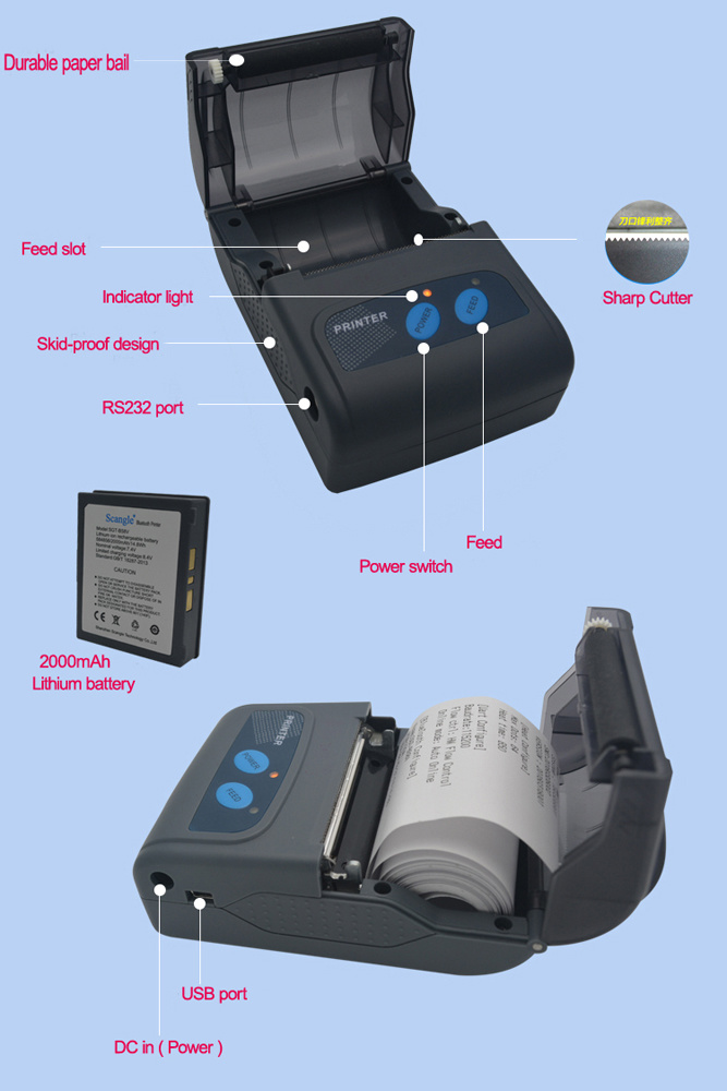 58mm Portable Bluetooth Thermal Printer Support Both Android, Ios and Windows