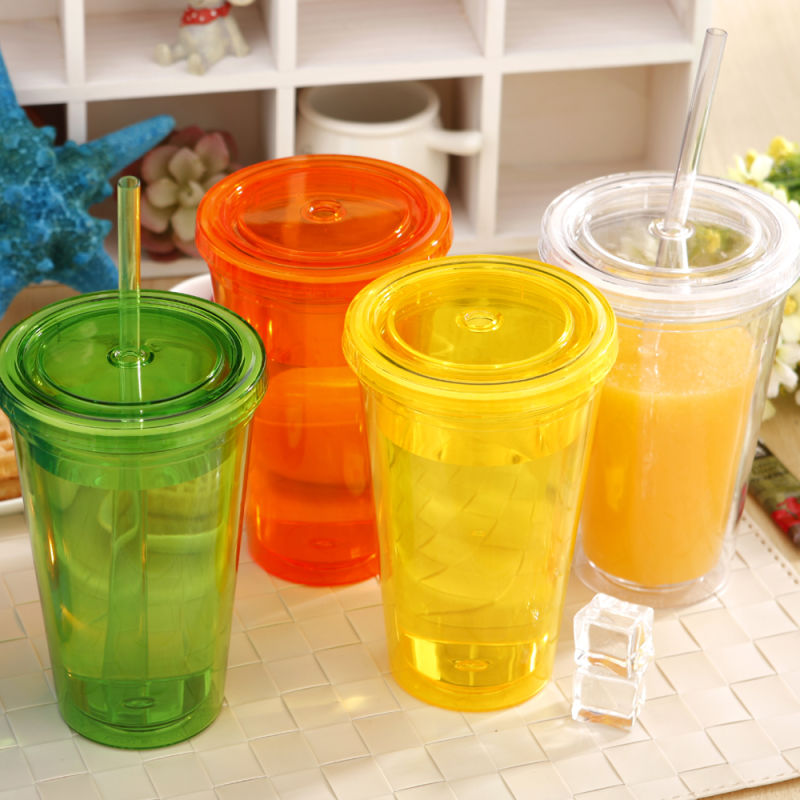 Double Walls Plastic Tumbler Promotional Mug Insulated Acrylic Tumbler with Straw