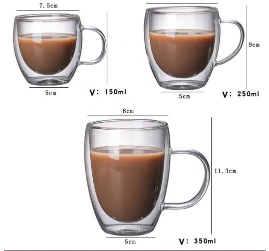 Coffee Glass Cups Clear Borosilicate Double Wall Glass Coffee Tea Mug with Handle Glassware