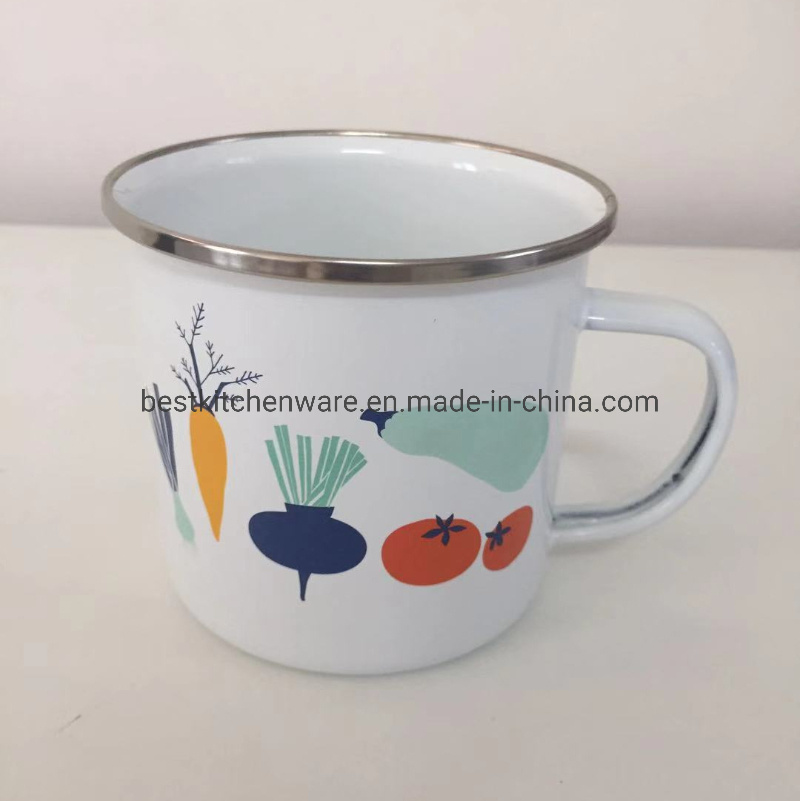 Customized White Enamel Mug with Stainless Steel Rim with Logo