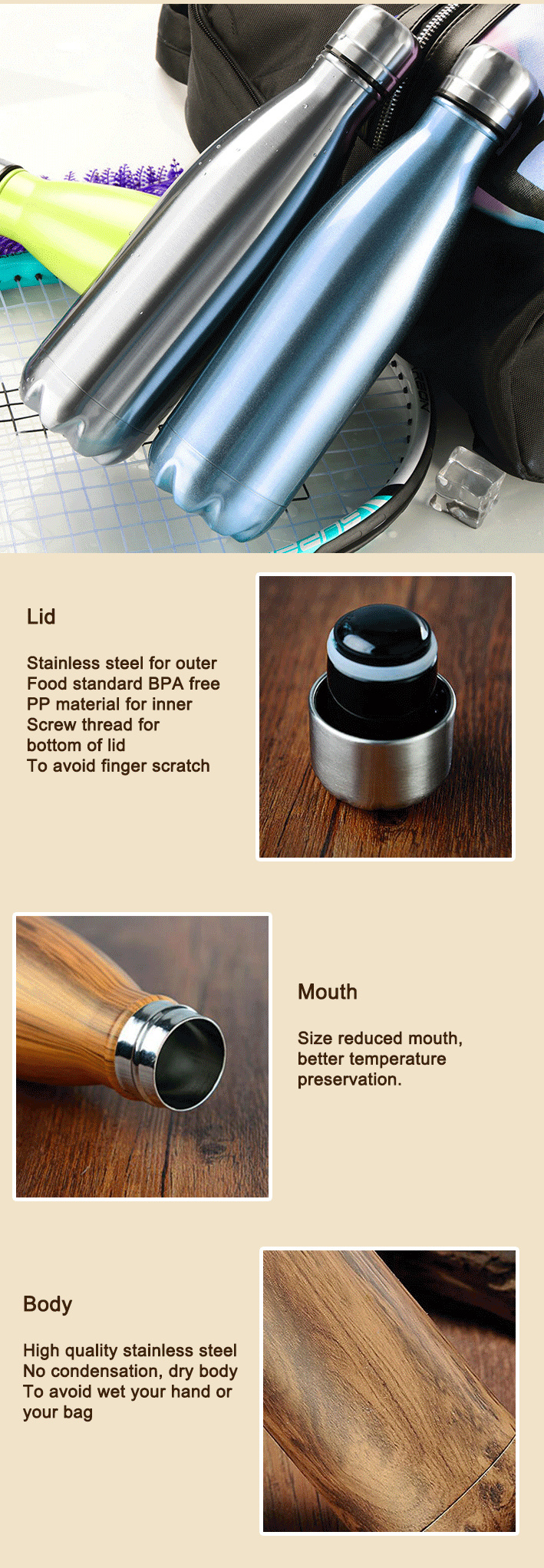 Leak-Proof Double Walled Vacuum Insulated 18/8 Stainless Steel Cola Shape Sports Water Bottle